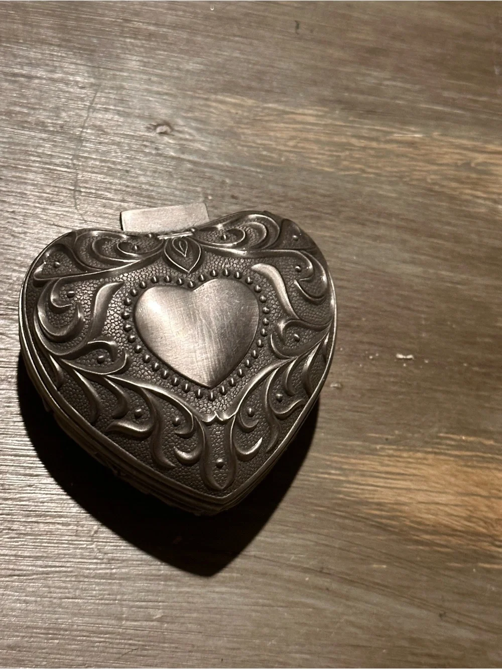 Heart-Shaped Embossed Metal Trinket Box - Silver Tone